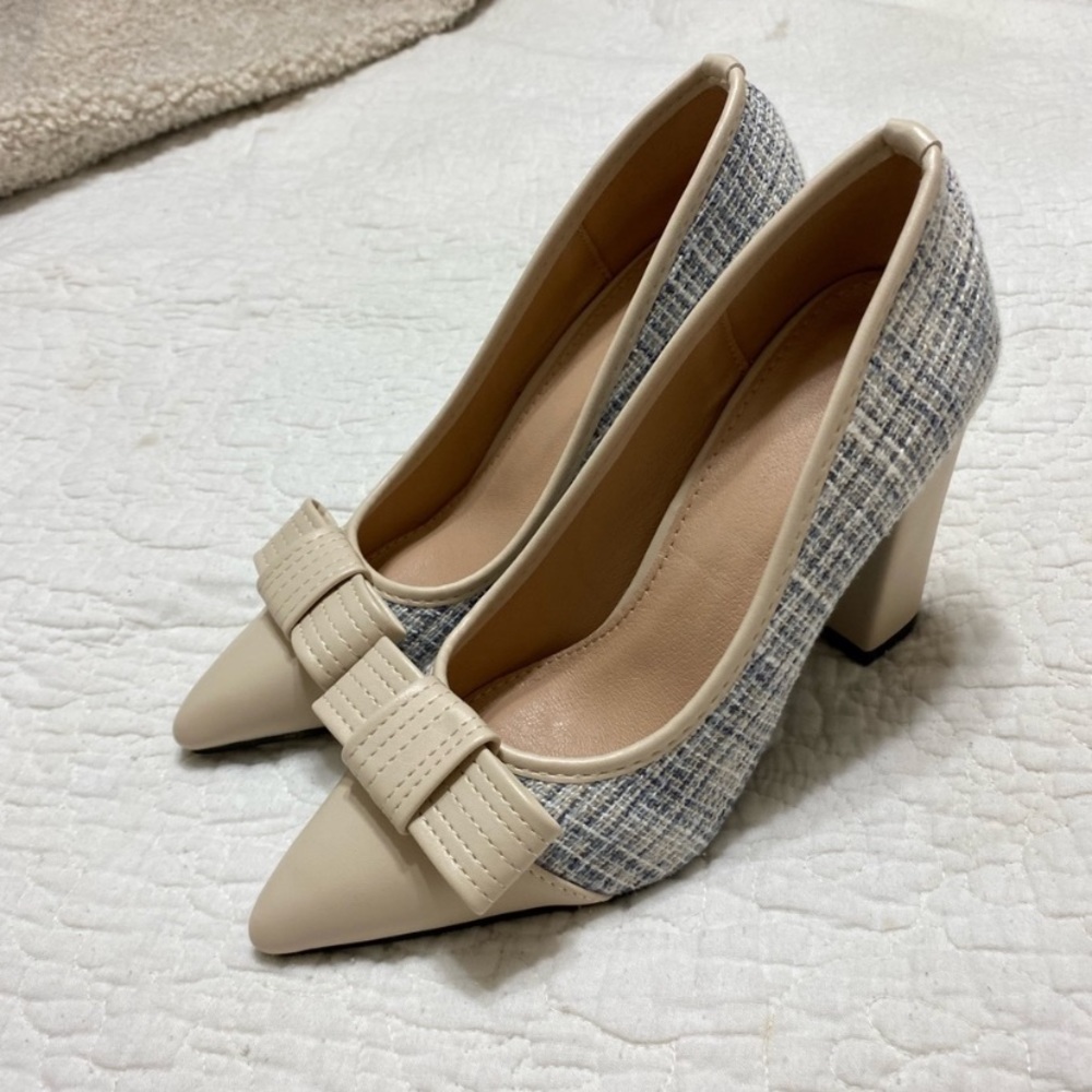 plaid and cream heel